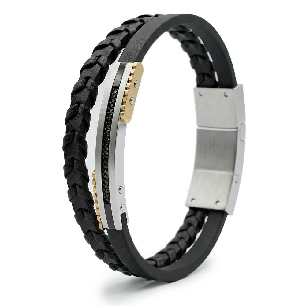 Daniel Klein Men’s Premium Dual-Layer Leather Bracelet – Stainless Steel & Cubic Zirconia Magnetic Clasp