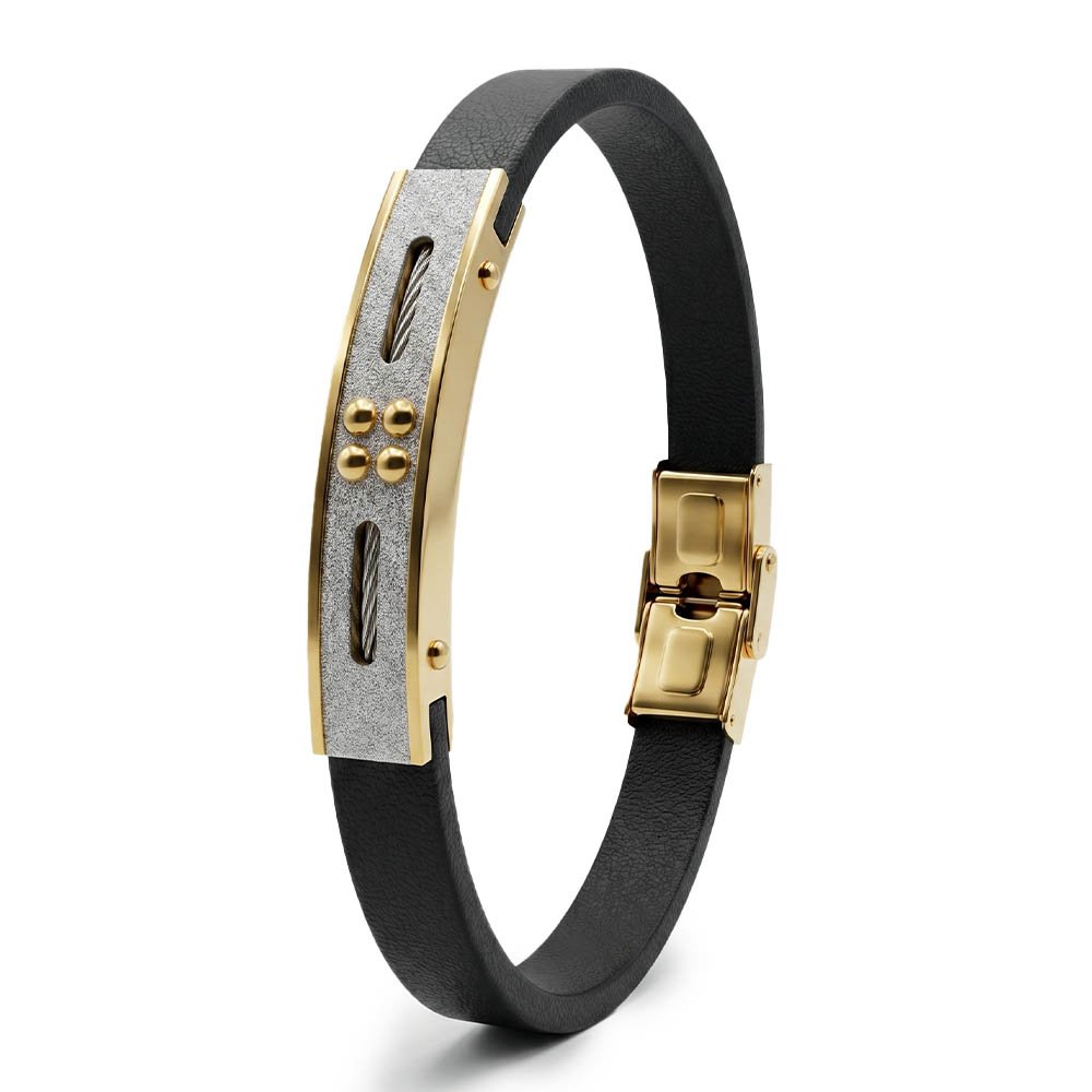 Daniel Klein Premium Men's Leather Bracelet - Gold-Plated Stainless Steel & Textured Silver Accent, 20cm