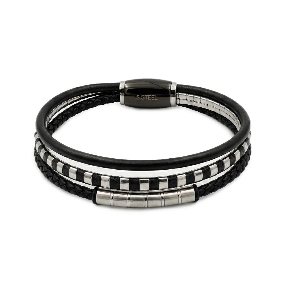 Santa Barbara Polo & Racquet Club Men's Multi-Strand Premium Black Leather and 31l Stainless Steel Bracelet with Magnetic Clasp (20cm)