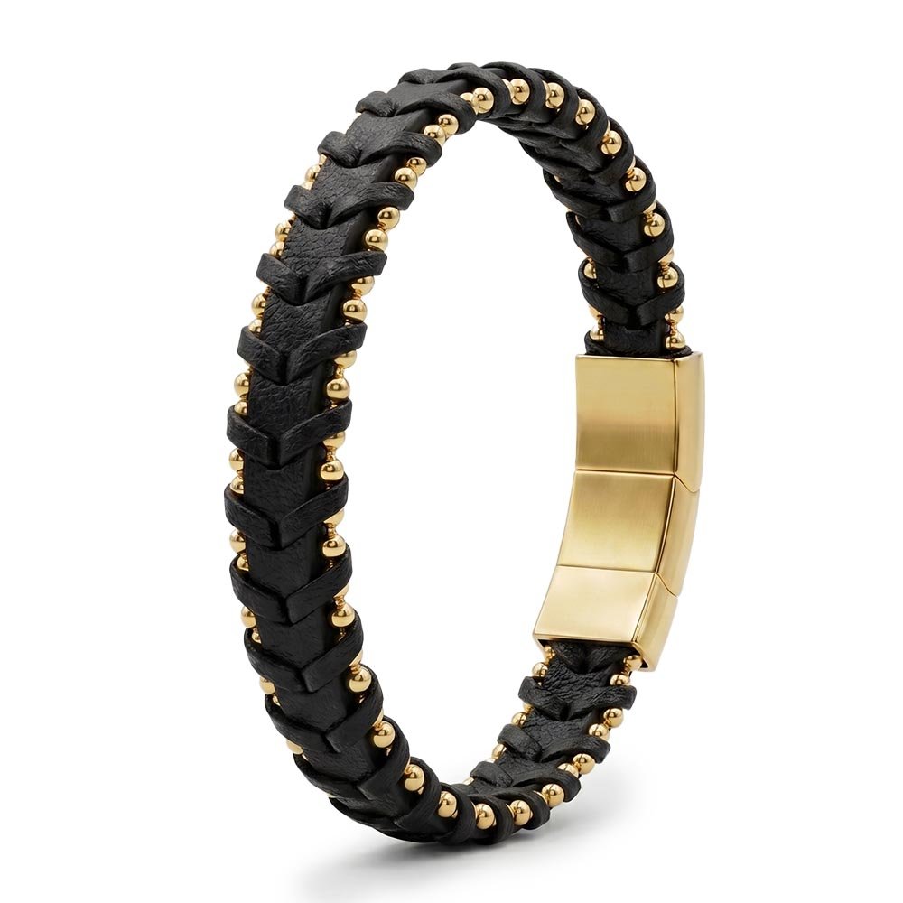 Santa Barbara Polo & Racquet Club Premium Men's Braided Leather Bracelet – Gold-Plated Stainless Steel Beads & Magnetic Clasp, 20cm