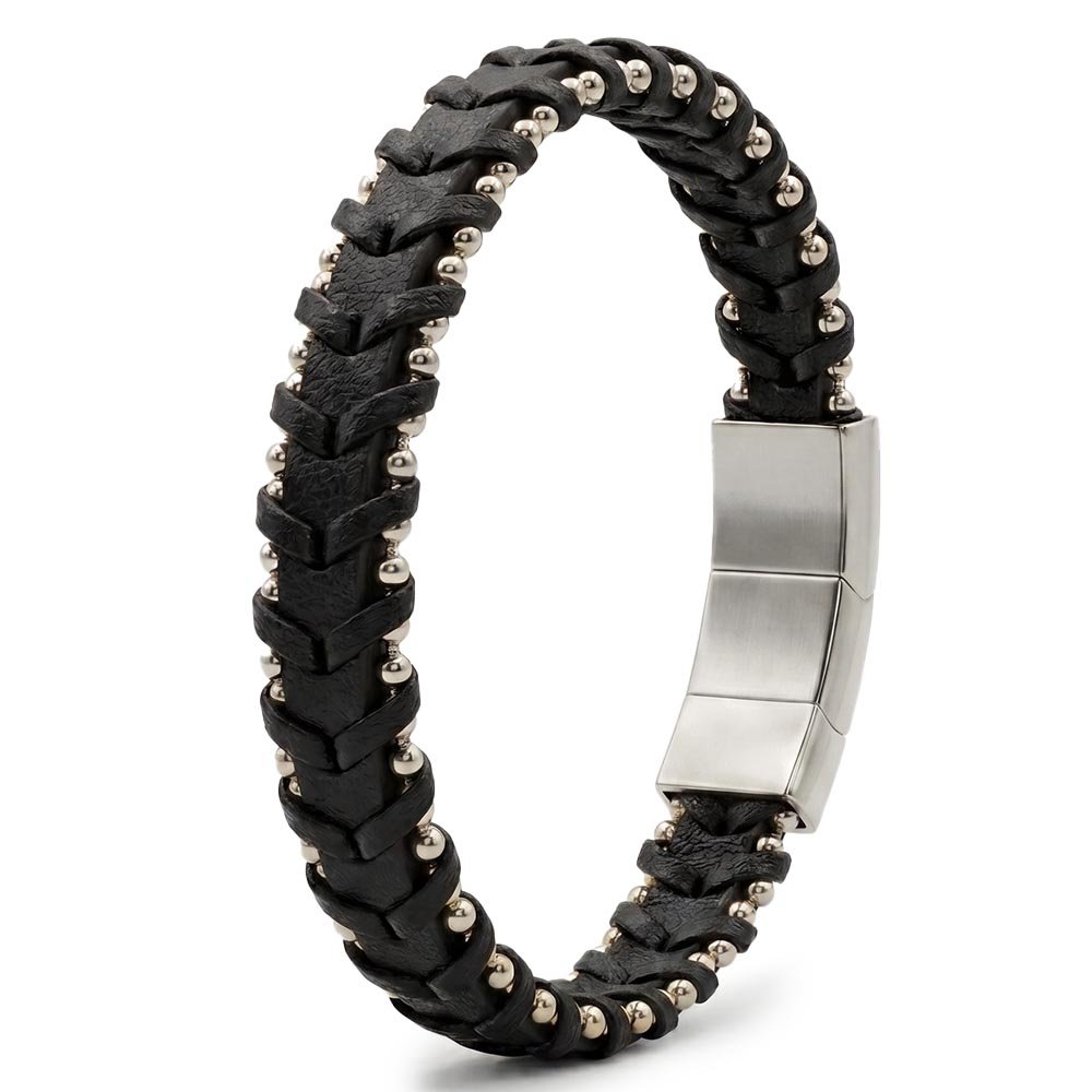 Santa Barbara Polo & Racquet Club Premium Men's Braided Leather Bracelet – Silver-Tone Stainless Steel Beads & Magnetic Clasp