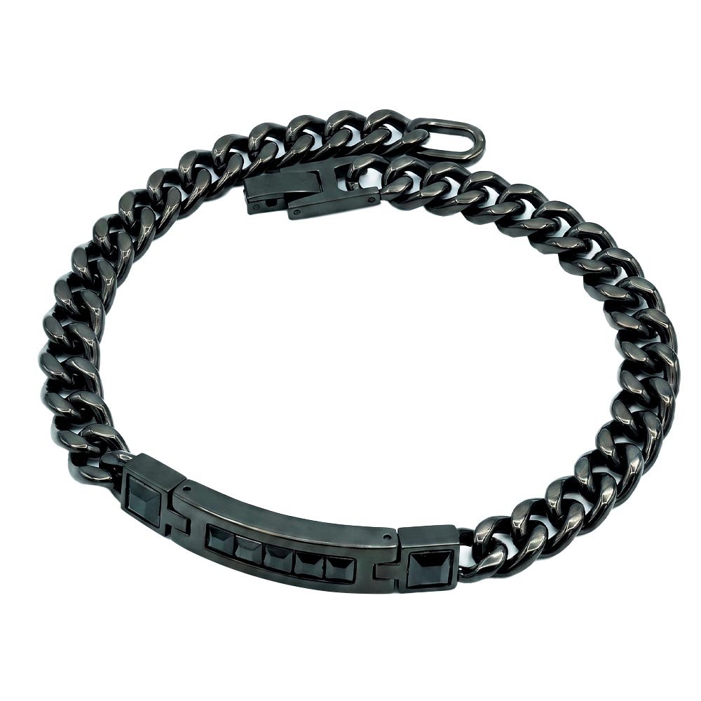 Santa Barbara Polo & Racquet Club Men's Premium Black Curb Chain Bracelet with Embellished ID Bar – Sleek Gunmetal Matte Finish