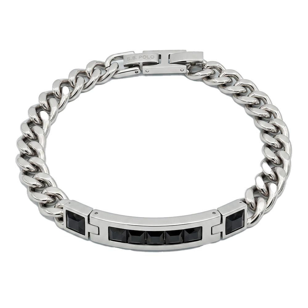 Santa Barbara Polo & Racquet Club Men's Premium Stainless Steel Chain Bracelet with Black Onyx-Style Stone Accents - Silver