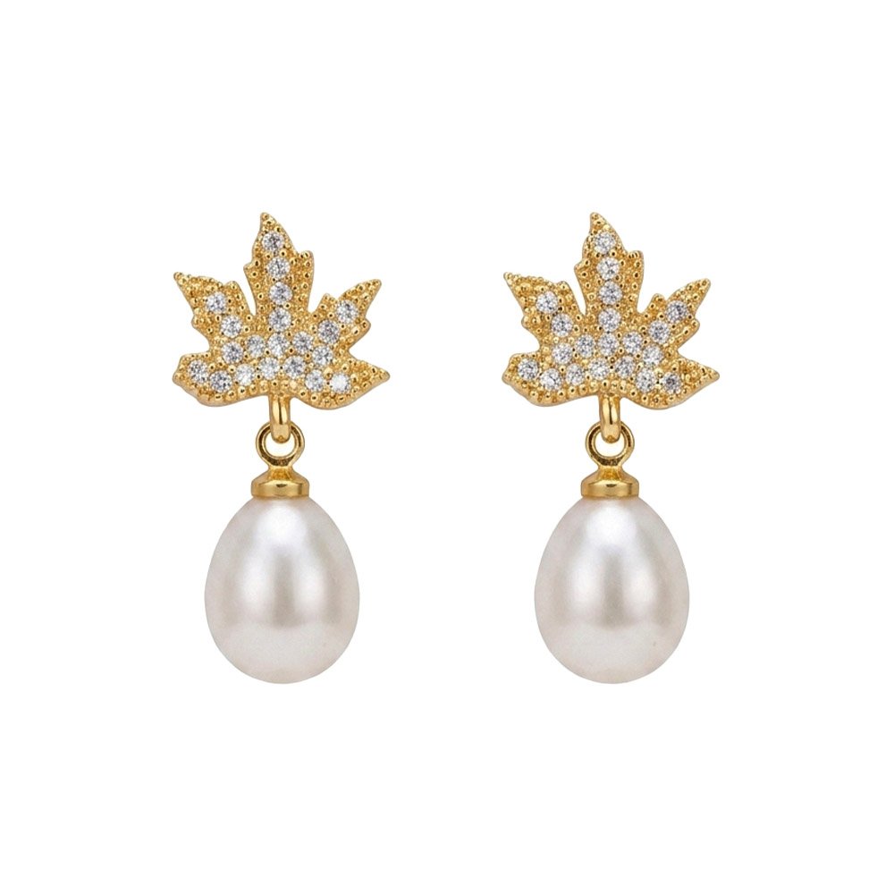 Gold Maple Leaf & Teardrop Pearl Drop Earrings