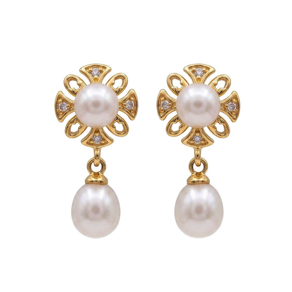 Elegance Floral Pearl Drop Earrings – Gold-Tone Mother of Pearl & Cubic Zirconia Statement Earrings