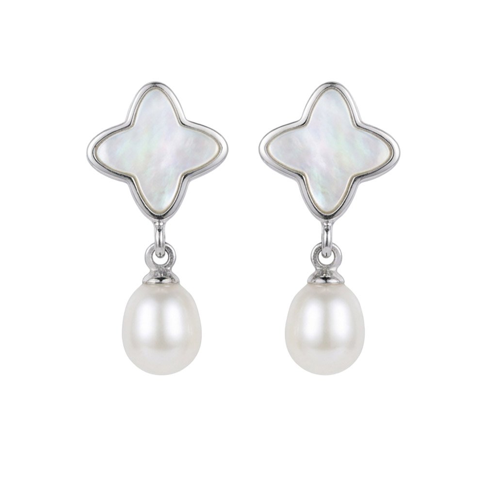 Elegant Mother of Pearl Clover Drop Earrings with Pearl Pendant – Silver Finish