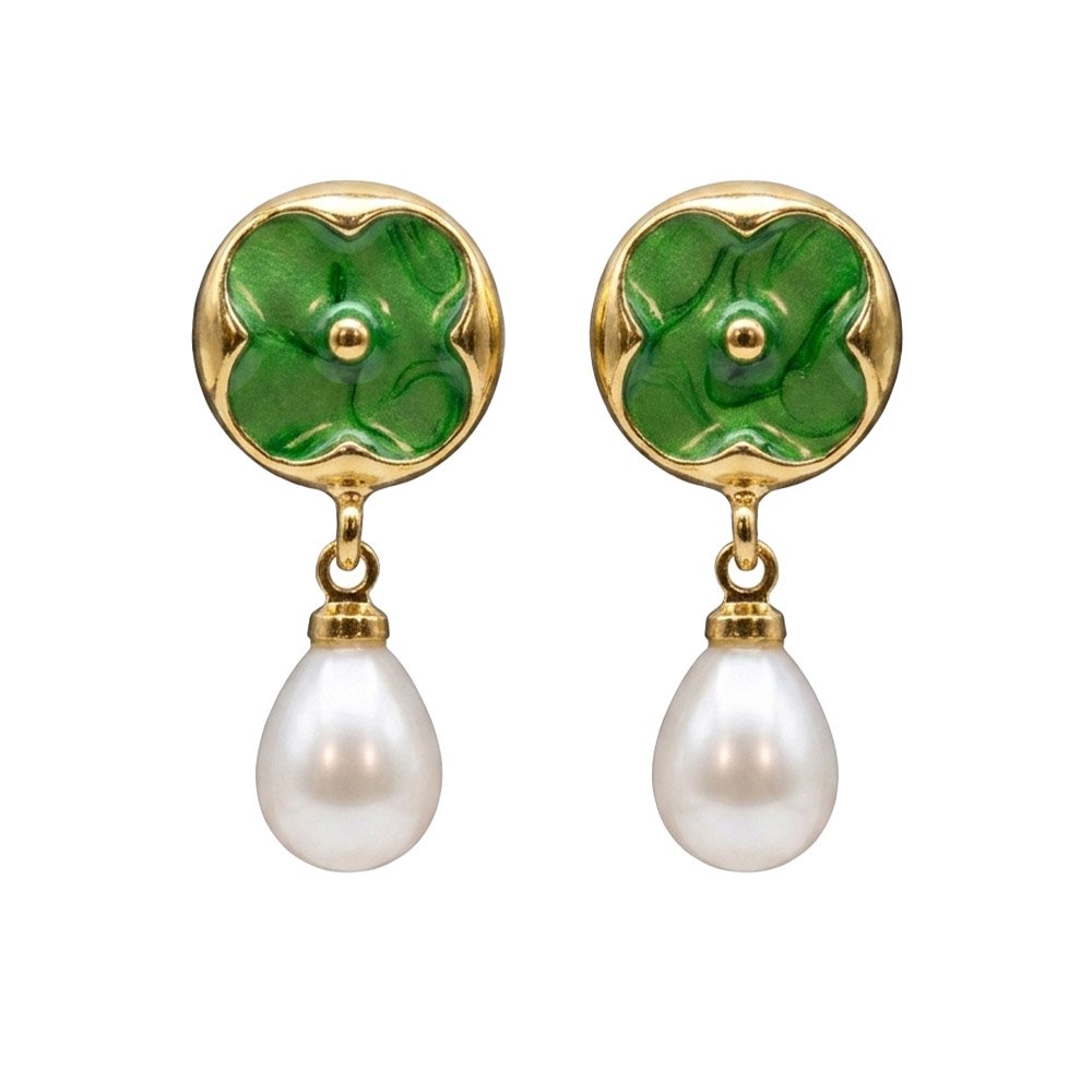 Elegant Green Enamel Floral Stud Earrings with Teardrop Pearl Drop